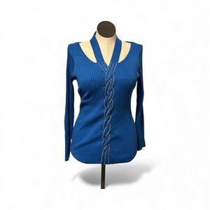 Ashley Stewart Sweater  blue ribbed rhinestones braid cutout pullover Size 14/16